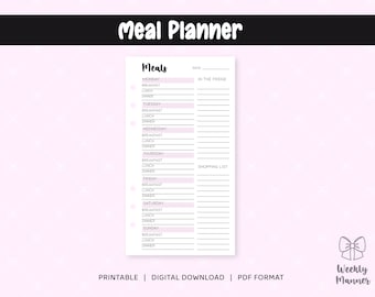 6 tamaños / planificador de comidas / insertos imprimibles para el planificador de carpetas de anillos de 6 agujeros / bolsillo personal ancho B6 A5 media carta