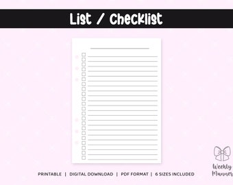 6 Tamaños / Lista de tareas pendientes / Inserciones imprimibles para Planificador de carpetas de anillos de 6 agujeros / Pocket Personal Personal Wide B6 A5 Media Carta