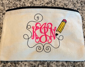 Monogrammed pencil pouch, Back to school pencil pouch, canvas pencil pouch