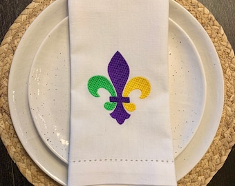 Mardi Gras decor towel, Fleur de lis, hemstitched hand towel, tea towel