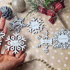 Personalised Xmas tree baubles, Christmas bauble with name, Snowflake decorations. gift tags, engraved christmas baubles