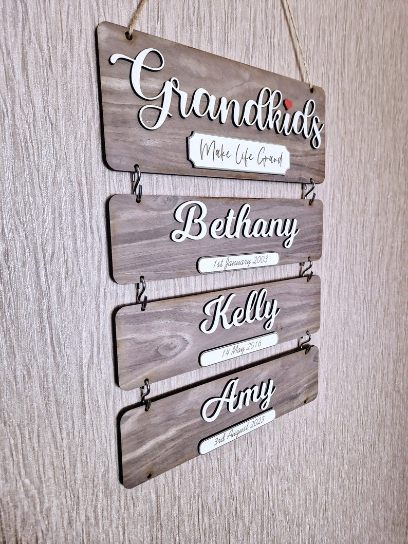 Grandchildren's birthday reminder, Grandkids wooden plaque, family tree gift, gift idea for grandparents, wooden grandkids sign Walnut