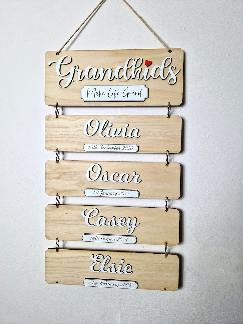 Grandchildren's birthday reminder, Grandkids wooden plaque, family tree gift, gift idea for grandparents, wooden grandkids sign image 3