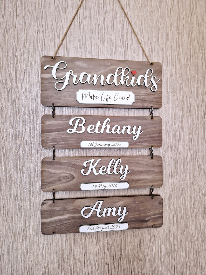 Grandchildren's birthday reminder, Grandkids wooden plaque, family tree gift, gift idea for grandparents, wooden grandkids sign image 4