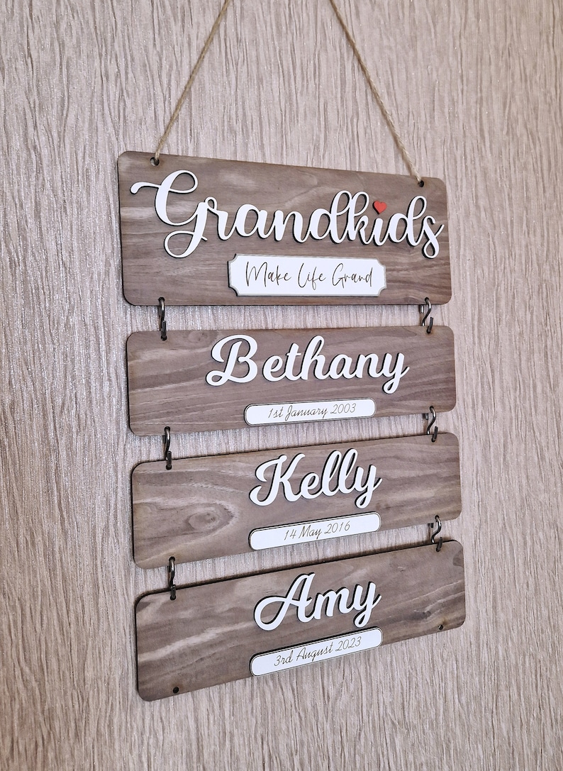 Grandchildren's birthday reminder, Grandkids wooden plaque, family tree gift, gift idea for grandparents, wooden grandkids sign image 9