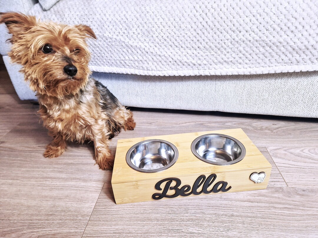 Personalised Wooden Dog Feeding Station With Stainless Steel Bowls, Dog