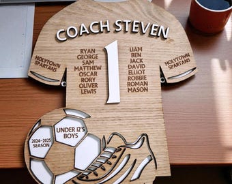 Personalized Football Coach Plaque: Engraved Wooden Jersey, Team Keepsake