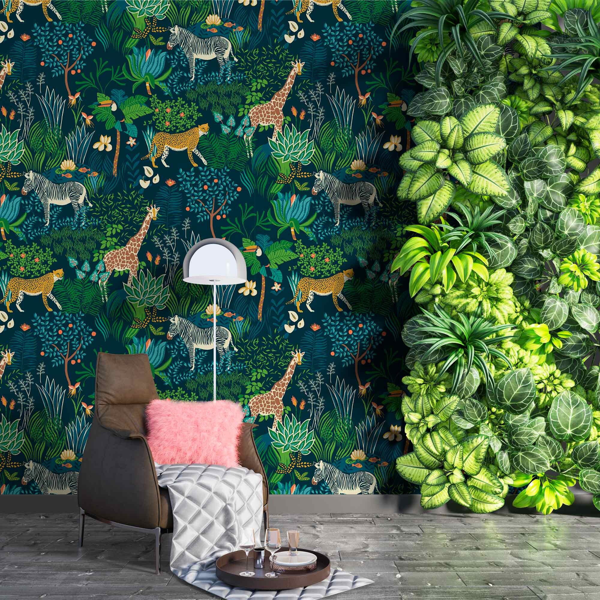 Tropical Jungle animals wallpaper for kids with Giraffe | Etsy