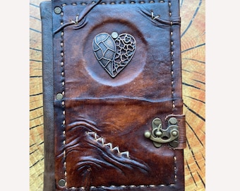 Leather Diary - Embossed Leather Journal - HEART PATTERN Leather Journal - 8x6 Handmade Leather Notebook - Leather Sketchbook - Travel Book