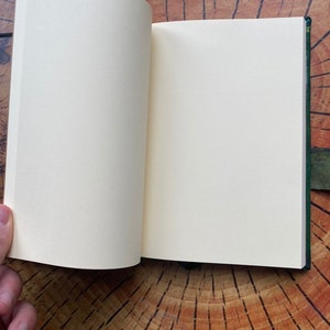 May include: An open journal with cream-colored pages. The journal has a green cover and a leather strap closure. The pages are blank, ready for writing or sketching. The journal is on a wooden surface.