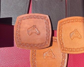 Durable, handmade leather drink coasters in four piece set, multiple designs available