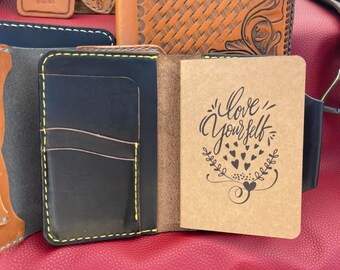 Small durable leather handmade notebook, journal, or diary covers with pen holders with blank notebooks included.