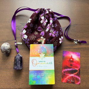 Tarot Bag, Large Drawstring bag for Tarot or Oracle decks, flower design with charms, choice of black or purple, gift bag, lined and padded