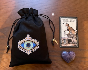 Black Silk and Cotton Tarot Bag: Spiritual Eye Protection embroidered design - Handmade UK