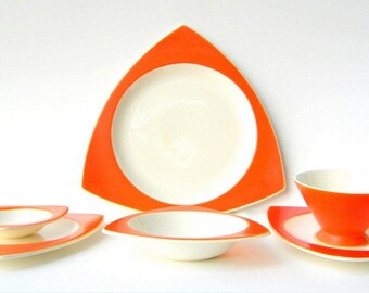 Atomic Art Deco Dinnerware Set for 2: Salem China Streamline & Tricorne Mandarin Orange aka Mandarin Red