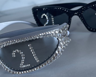 Party Sunglasses | Personalize for Birthday, Sports Fans, Sports Teams, Players, Jersey Number, Special Dates, 21st | Crystal, Wrap Around