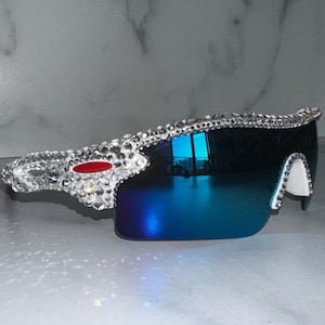 Crystal Sunglasses, Shield Style Reflective Lens Glasses, Personalized with Brilliant Sparkling Diamond Silver Crystals, Festivals, Concerts
