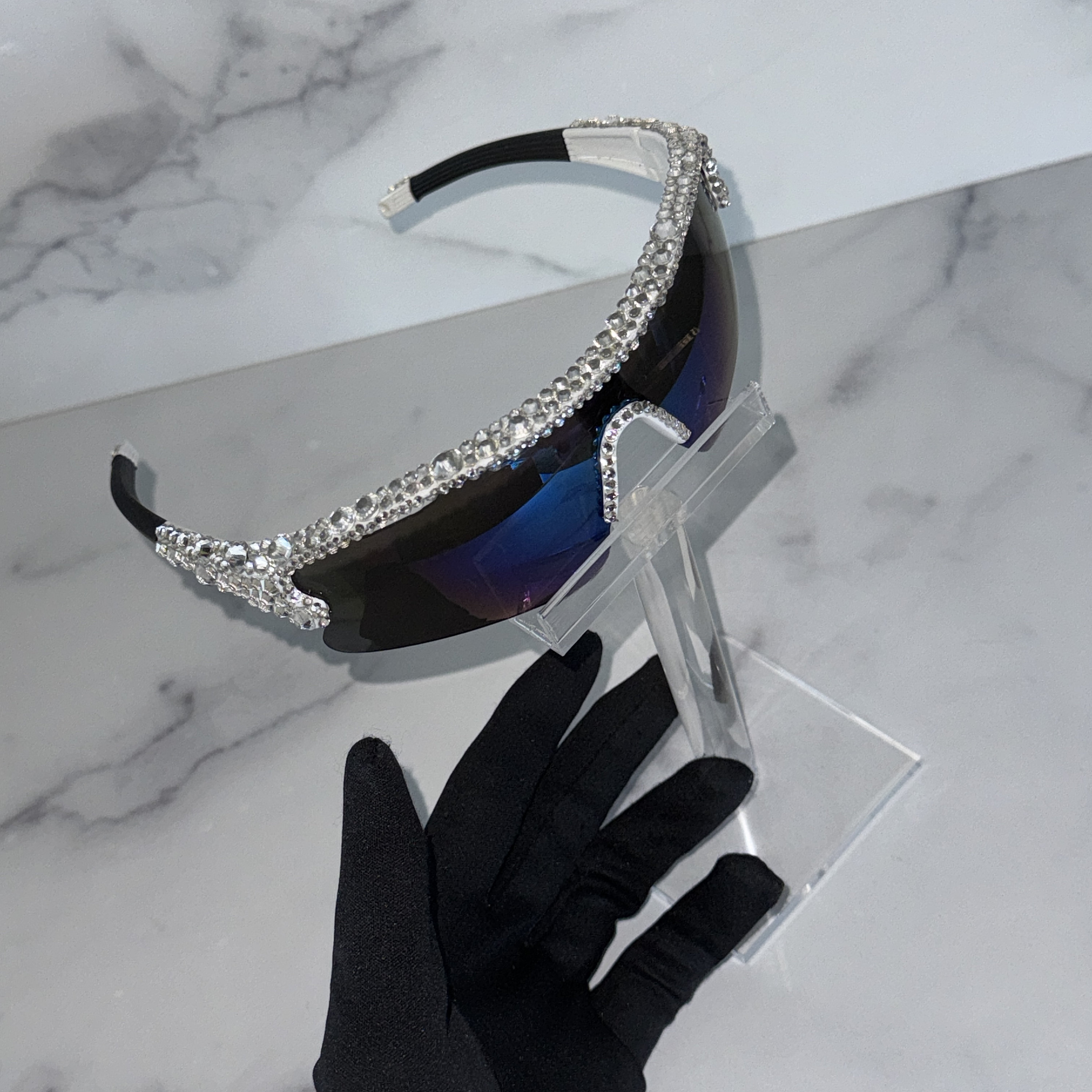 Custom crystal encrusted shiel sunglasses Shield Sunglasses With Hand Placed Crystals for Festivals  main image 4