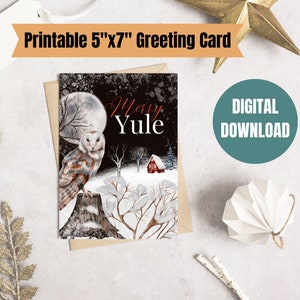 Merry Yule Card Digital Download Printable, Winter Woodland Yule Card