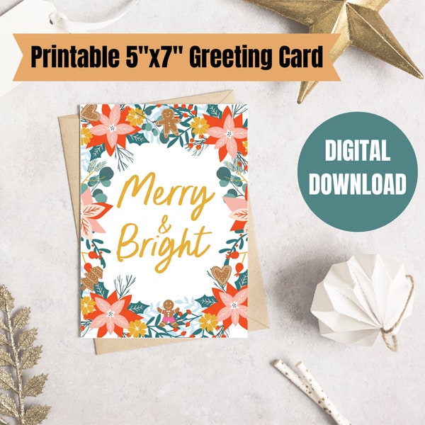 Merry & Bright Christmas Card Digital Download Printable, Boho Christmas Card