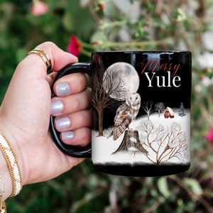 Merry Yule Keramik Kaffeebecher, Winter-Wunderland Winter-Sonnenwende Schneeeule Geschenk für sie, Geschenk für Mama