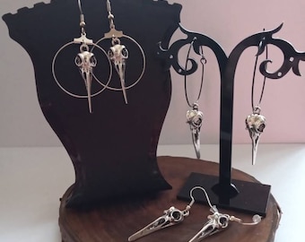 A pair of Raven, crow skull earrings or necklace, keychain or zipper charm