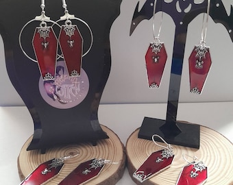 Coffin & spider jewellery. Pair of red gothic coffin with spider earrings, necklace, keychain or zipper charm.