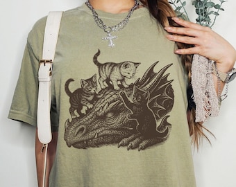 Comfort Colors® Fantasy Cat Dragon Shirt, Funny Kitten Graphic Shirt, Mythical Animal Tshirt, Cute Creature Gift, Retro T-Shirt