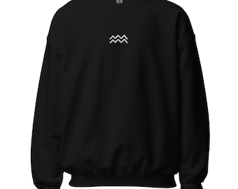 Sudadera bordada con el símbolo de Acuario en el centro - Cuello redondo con el símbolo del zodiaco, mezcla de algodón unisex