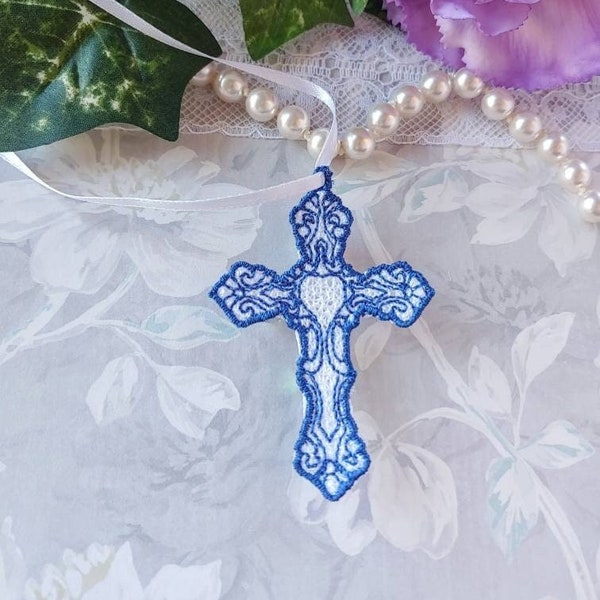 Gift for Daughter on Wedding Day from Mom | Something Blue bouquet charm for bride | daughter bridal shower gift | lace cross keepsake charm
