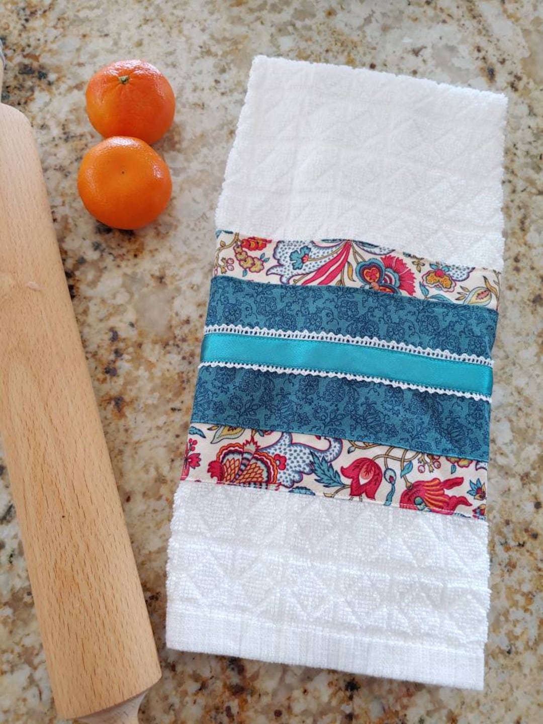 Teal Kitchen Towel With Fabric Trim Teal Green and White Etsy