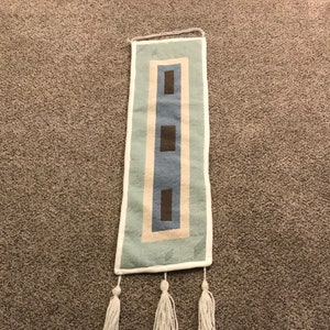 Handmade Sage green, wedgewood blue, beige and brown geometric wall hanging with fringe and free shipping