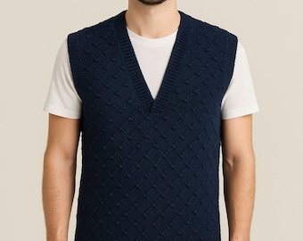 Men’s Hand-Knitted Navy Blue Crochet Vest | Boho Sleeveless Wool Sweater