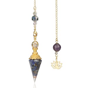 May include: Two pendulums with gold chains. One features a blue and gray crystal point with gold accents and clear beads. The other has a purple stone and a gold lotus charm. Both are designed for spiritual practices.