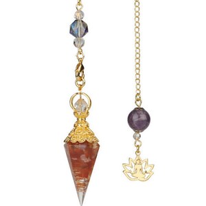 May include: Two pendulums with gold chains. One features a red and clear crystal point with gold accents and a clear crystal bead. The other has a purple sphere and a gold lotus flower charm.