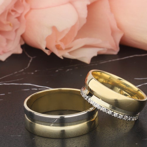 14K Solid Gold Wedding Engagement Ring 7mm Matching Gold Etsy