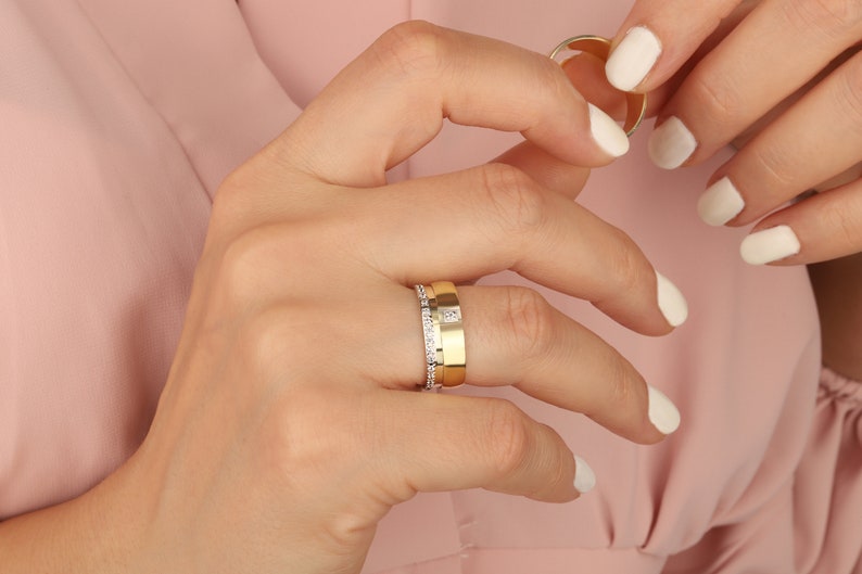 14K Solid Gold Wedding Engagement Ring 7mm Matching Gold Etsy