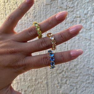 Colorful eternity cubic zirconia rings, gold plated, elegant, round cut cubic zircon stackable ring, multi color, diamond band color