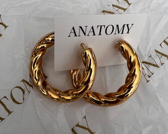 Large twist hoop earrings, twisted chunky gold hoops, 90s gold hoop earrings, 18K thick gold hoop earrings, waterproof gold earrings