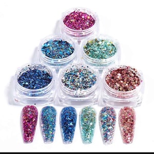 6 stuks holografische glittervlokken, glitterpoeder, gradiënt glanzende lak, manicure, chroompigmentstof