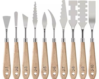 Juego de cuchillos de pintura con mango de madera, paleta de acero inoxidable, cuchillos de Metal para pintura al óleo, raspador para mezclar colores, 10 Uds.