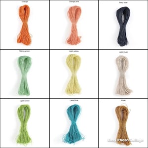 May include: Nine spools of colorful string, each wound into a coil. The colors are orange, orange pink, navy blue, green, light yellow, light khaki, light green, lake blue, and khaki.