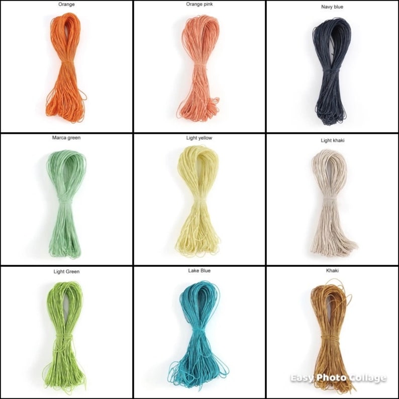 May include: Nine spools of colorful string, each wound into a coil. The colors are orange, orange pink, navy blue, green, light yellow, light khaki, light green, lake blue, and khaki.