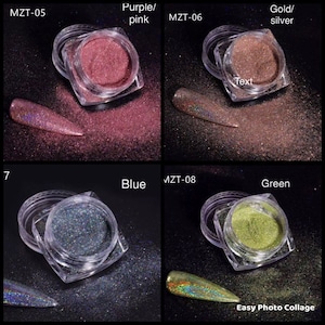 May include: Four small jars of iridescent glitter powder in the colors purple, gold, blue, and green. The jars are labeled with the colors and product codes.