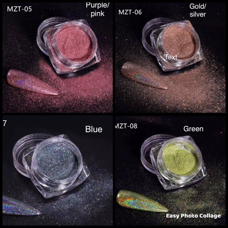 May include: Four small jars of iridescent glitter powder in the colors purple, gold, blue, and green. The jars are labeled with the colors and product codes.