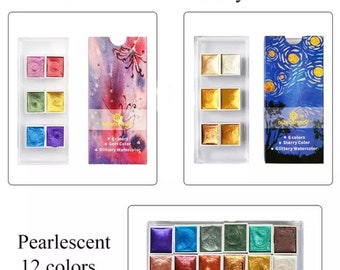 12 Colors Solid Watercolor Paints Set Textured Pearlescent Pigment Metallic Glitter Acuarela Suit