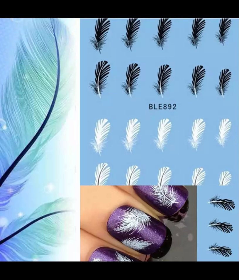 20pcs/sheet Black White Feather Nail Art Decals Water Transfer | Etsy UK