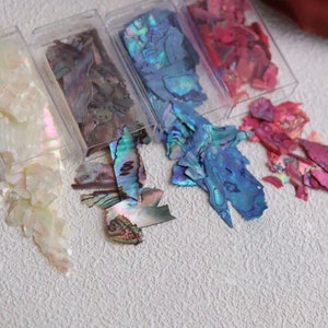 May include: Four small containers filled with iridescent, colourful, and textured shell pieces. The containers are clear plastic and the shell pieces are scattered on a white surface.