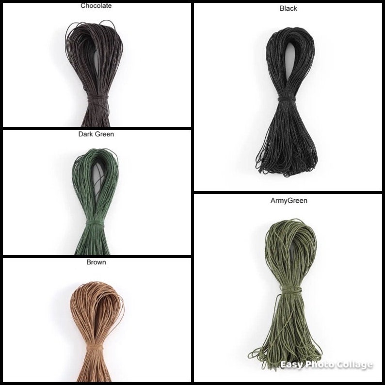 May include: Four spools of waxed cotton cord in different colors: chocolate brown, black, dark green, and army green.