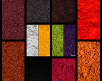 Puede incluir: Un collage de 10 pigmentos en polvo de diferentes colores. Los colores incluyen rojo, naranja, amarillo, verde, azul, morado, marrón, negro y blanco.
